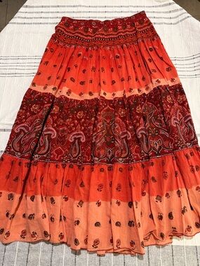 Charlotte Russe Red & Coral Paisley Tiered Maxi Skirt